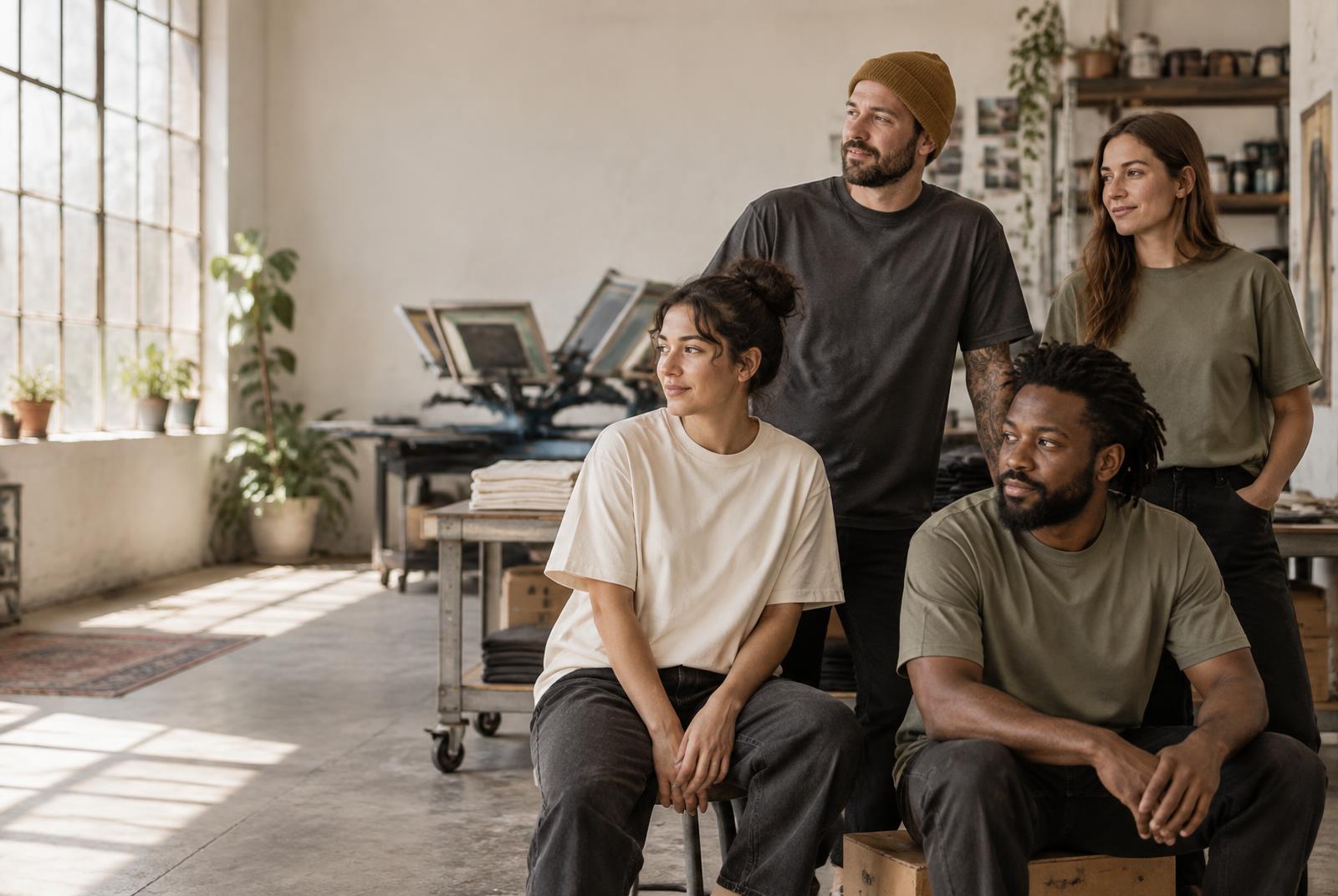 A group wearing premium blank shirts in a print workshop